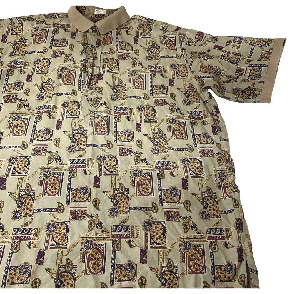 Vtg PGA Michael Thomas Polo Golf Shirt Egyptian Cotton Mens XL Tan USA Made AOP